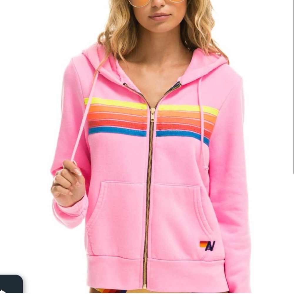 AVIATOR NATION NEON PINK STRIPE ZIP HOODIE - SIZE XL